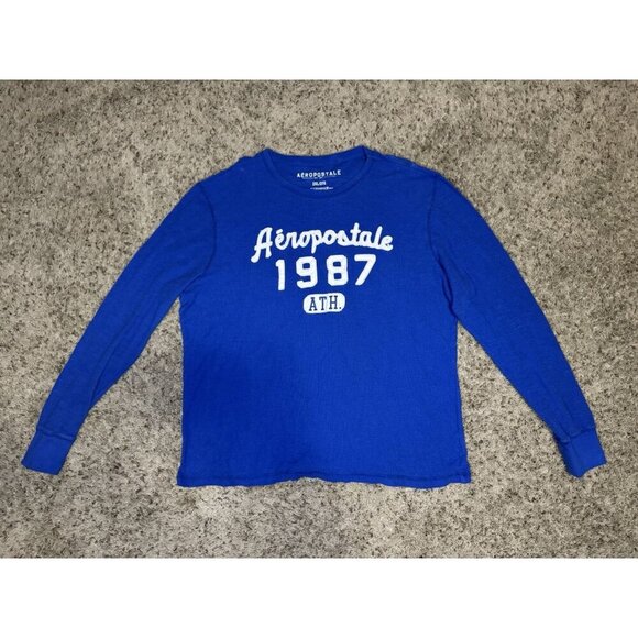 AEROPOSTALE Blue Long Sleeve Thermal Pullover Crewneck Shirt Y2k 90s College 2XL - Picture 1 of 7